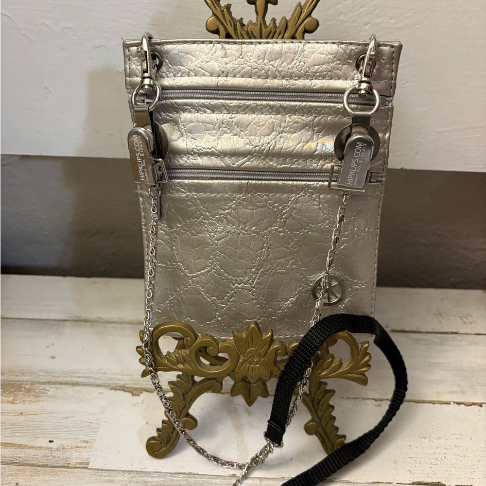 Metallic Silver Crossbody Phone Pouch with Chain Strap